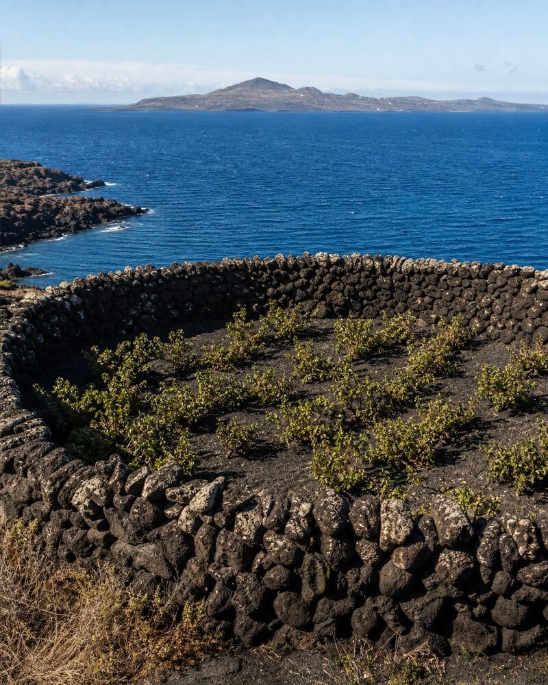 Kleiner Weinberg hinter einer Trockenmauer auf Pantelleria