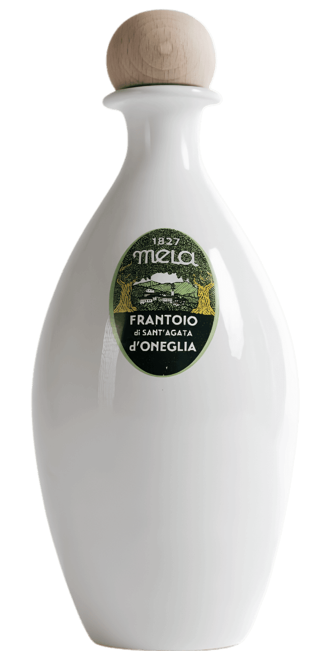 Buon Frutto Olivenöl weiße Keramikflasche Frantoio di Sant'Agata d'Oneglia 0,5 L