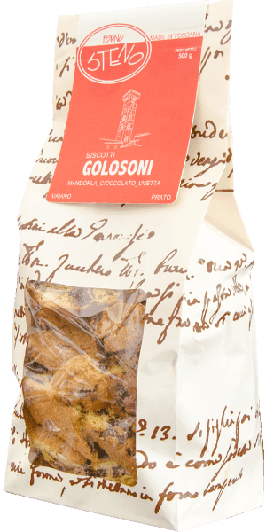 Cantucci Biscotti Golosoni Mandeln Schokolade und Rosinen Forno Steno Made in Toscana 500g