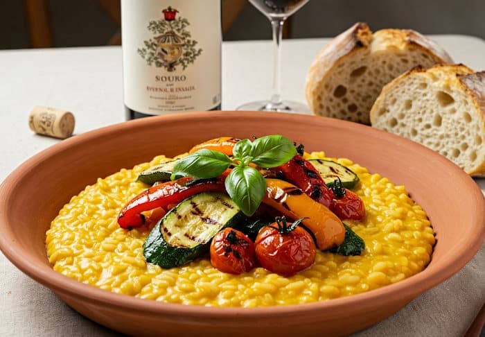Risotto alla Milanese mit Grillgemüse und frischem Basilikum sowie Ciabatta-Brot.